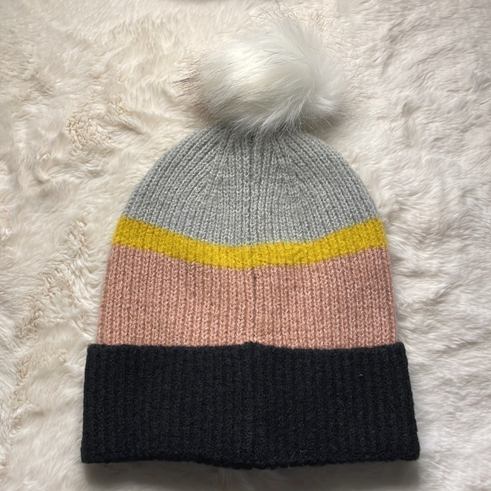 ♥️save The Ocean♥️ Color Block Strip Faux Fur Pompom Beanie Size (OS)